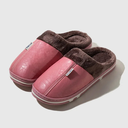 Plus Size PU Leather Fur Lined Winter Slippers for Men & Women