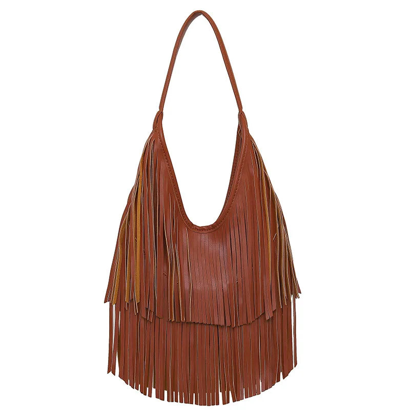 Women’s PU Leather Tassel Shoulder Hobo Bag Lightweight Casual Handbag