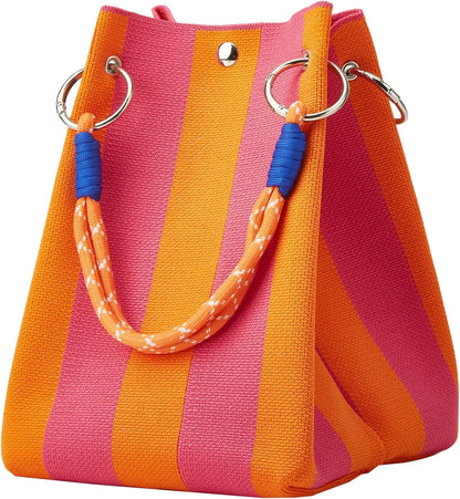 Mini Knit Striped Bucket Tote Bag for Women Summer Handbag