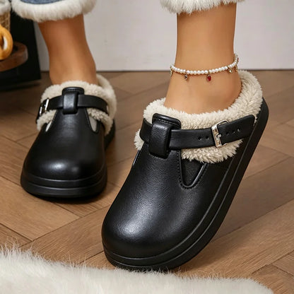 Women’s Waterproof Plush Mules with Metal Buckle Warm Winter Slippers
