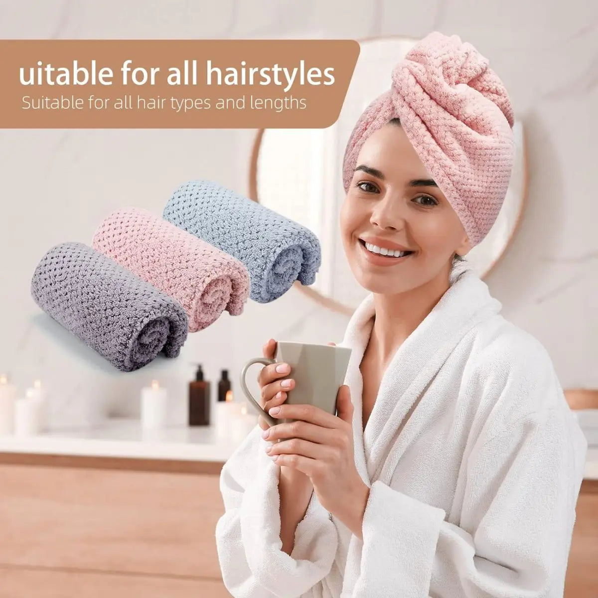 Absorbent Microfiber Hair Towel Wrap with Button for Women