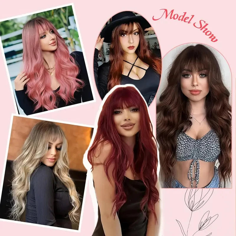 Women's Wine Red Long Curly Synthetic Wig with Bangs
