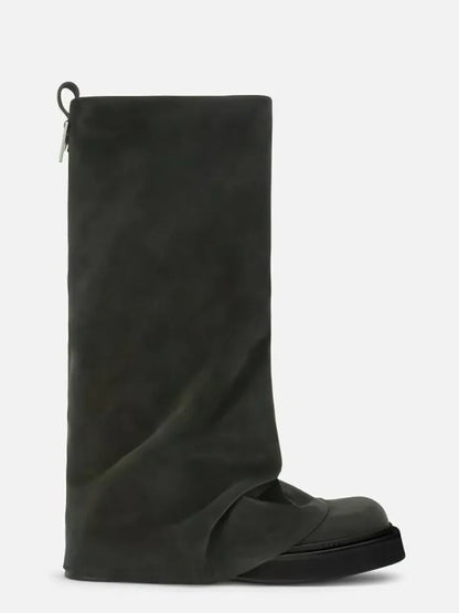 Women's Thick Sole Square Toe Pleated Knee High Boots