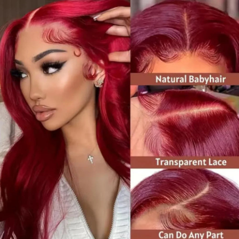 Women's 34 Inch 99J Burgundy Brazilian Human Hair Lace Front Wig