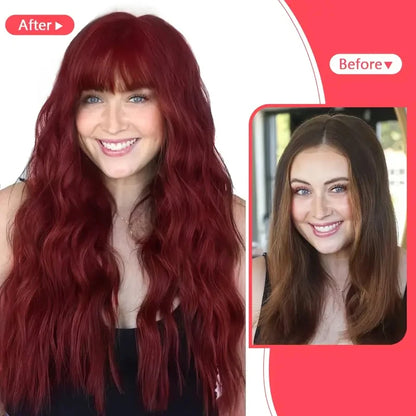 Women's Wine Red Long Curly Synthetic Wig with Bangs