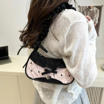Women’s Grid Lace Ribbon Shoulder Bag Stretchable Strap Handbag