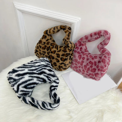 Leopard Print Plush Shoulder Tote Bag for Women Lipstick & Key Bag