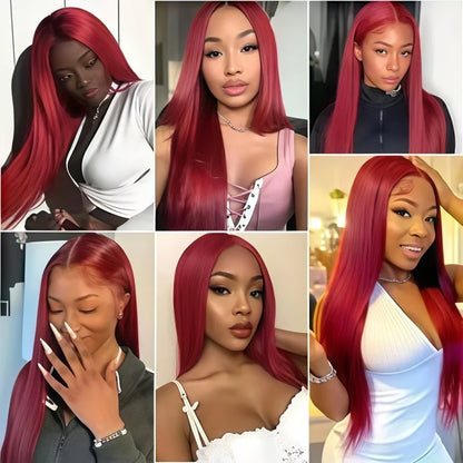 Women's 34 Inch 99J Burgundy Brazilian Human Hair Lace Front Wig