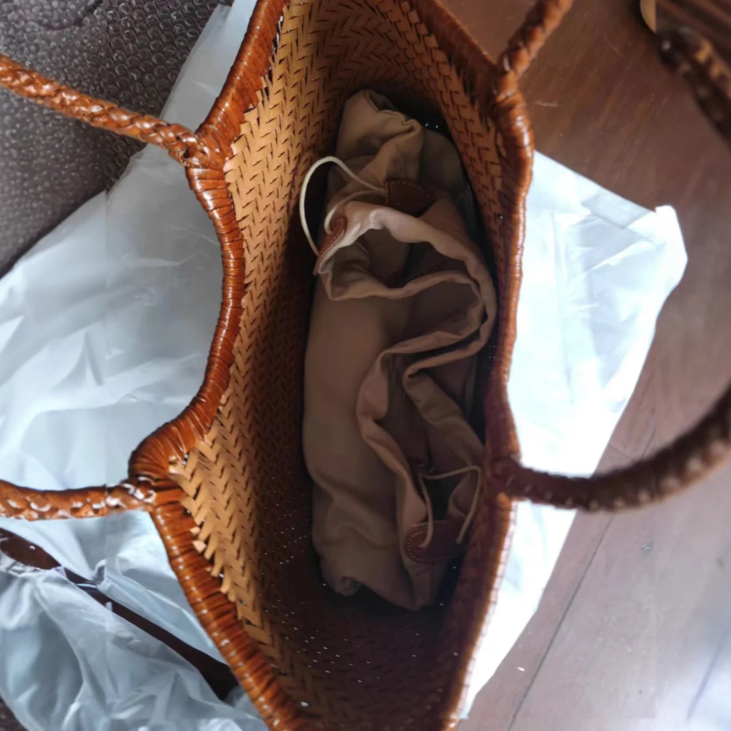 Genuine Leather Woven Shoulder Tote Bag for Women