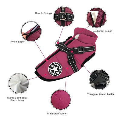 Large Dog Winter Jacket with Harness Waterproof Warm Coat for Dogs