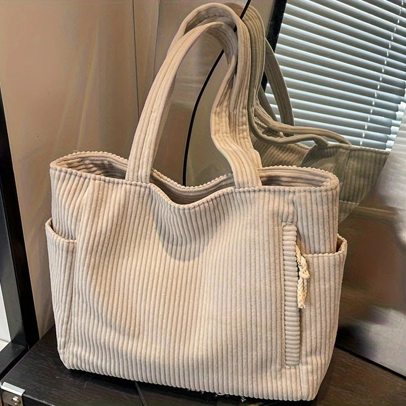 Large Corduroy Shoulder Tote Bag with Zipper for Women