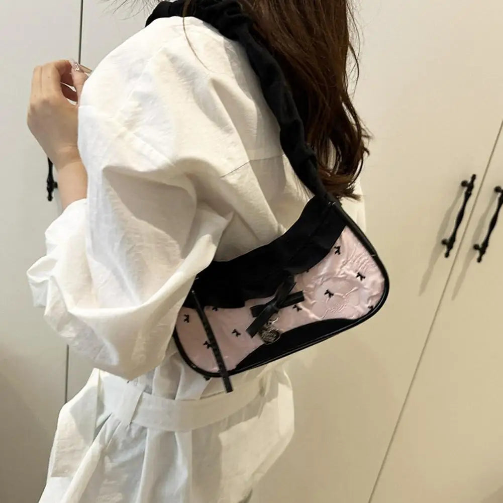 Women’s Grid Lace Ribbon Shoulder Bag Stretchable Strap Handbag