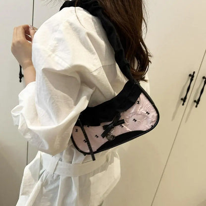 Women’s Grid Lace Ribbon Shoulder Bag Stretchable Strap Handbag