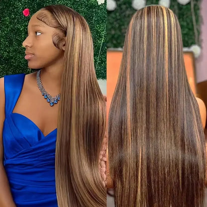 Women's 28 Inch Honey Blonde Highlight Deep Wave Human Hair Lace Front Wig