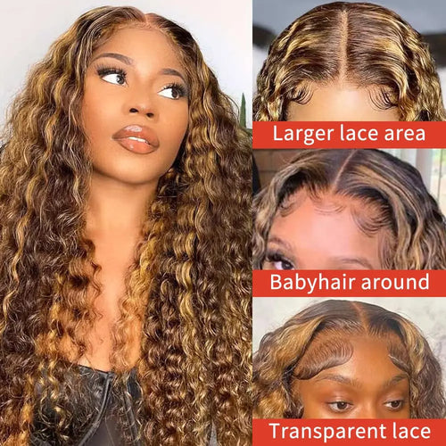 Women's 28 Inch Honey Blonde Highlight Deep Wave Human Hair Lace Front Wig