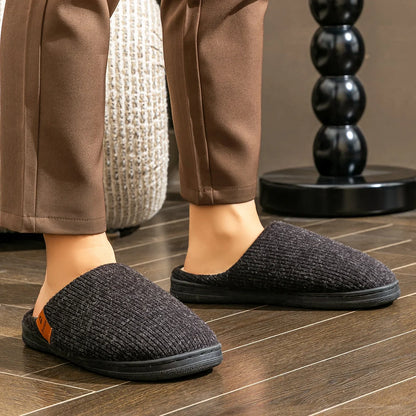 Men’s Winter Memory Foam Slippers Warm Knitted Indoor Shoes Non Slip TPR Sole