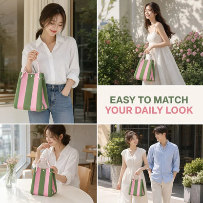 Mini Knit Striped Bucket Tote Bag for Women Summer Handbag