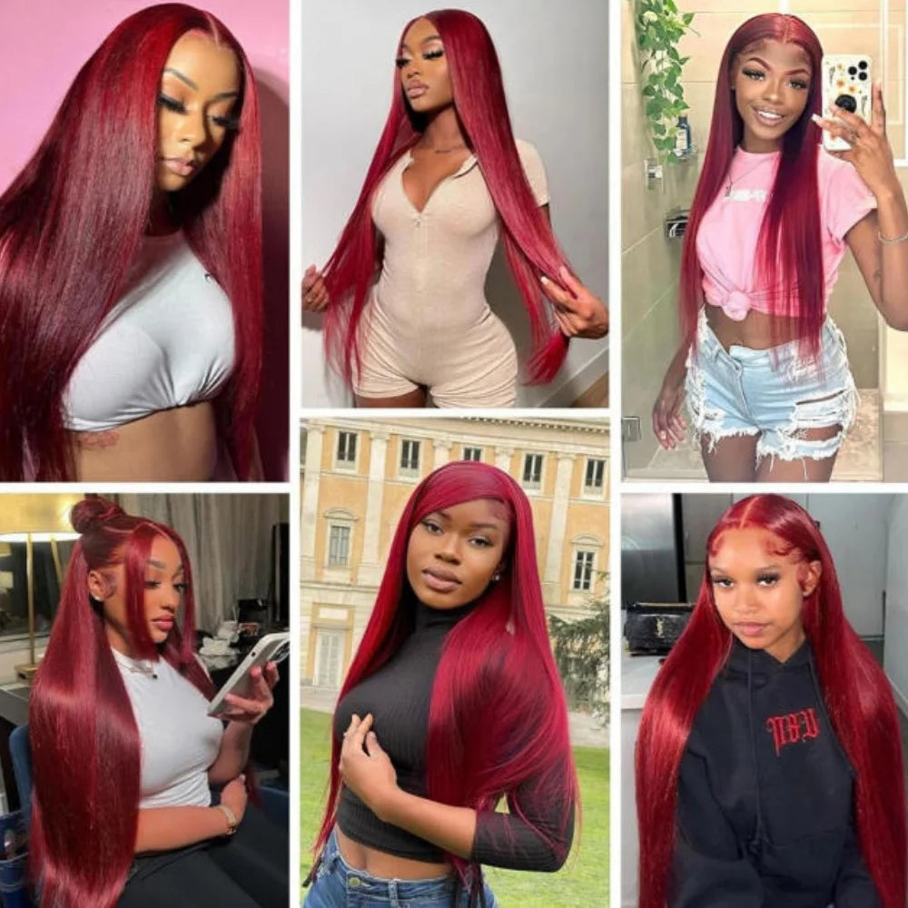 Women's 34 Inch 99J Burgundy Brazilian Human Hair Lace Front Wig