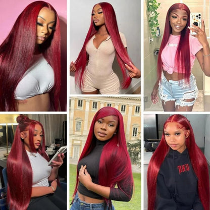 Women's 34 Inch 99J Burgundy Brazilian Human Hair Lace Front Wig