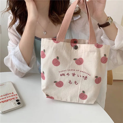 Small Canvas Peach Lunch Tote Bag for Women & Girls
