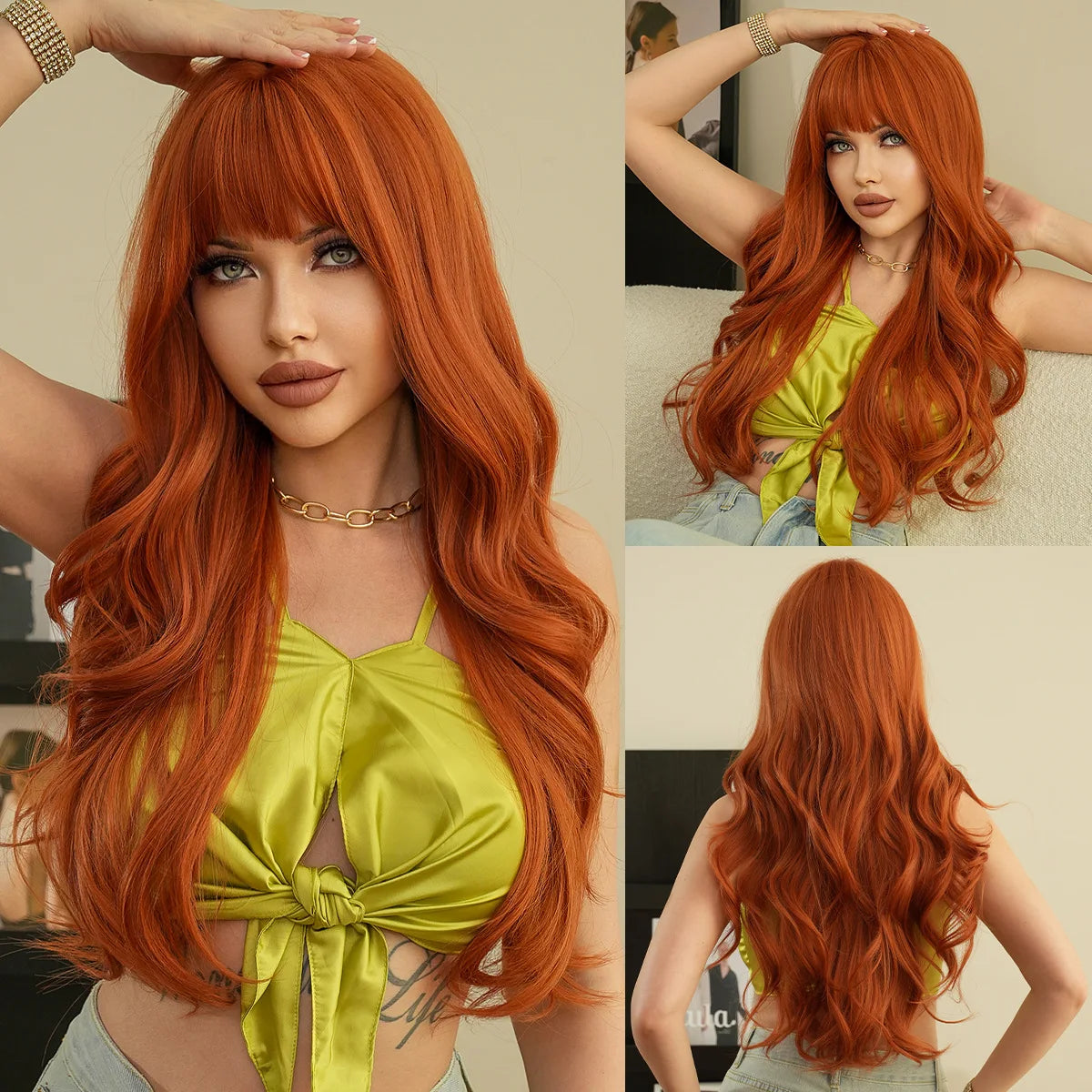 Wine Red Long Curly Wig with Bangs