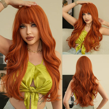 Wine Red Long Curly Wig with Bangs