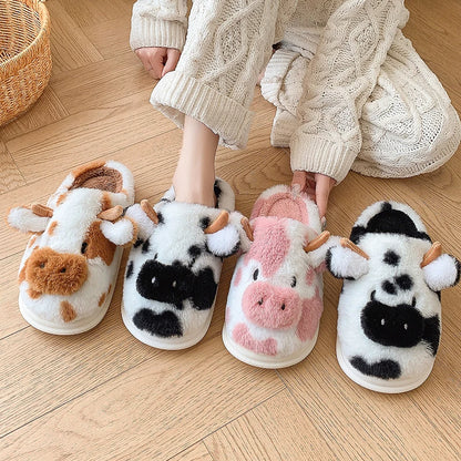 Cute Cartoon Cow Plush Platform Slippers for Women Winter Home Shoes