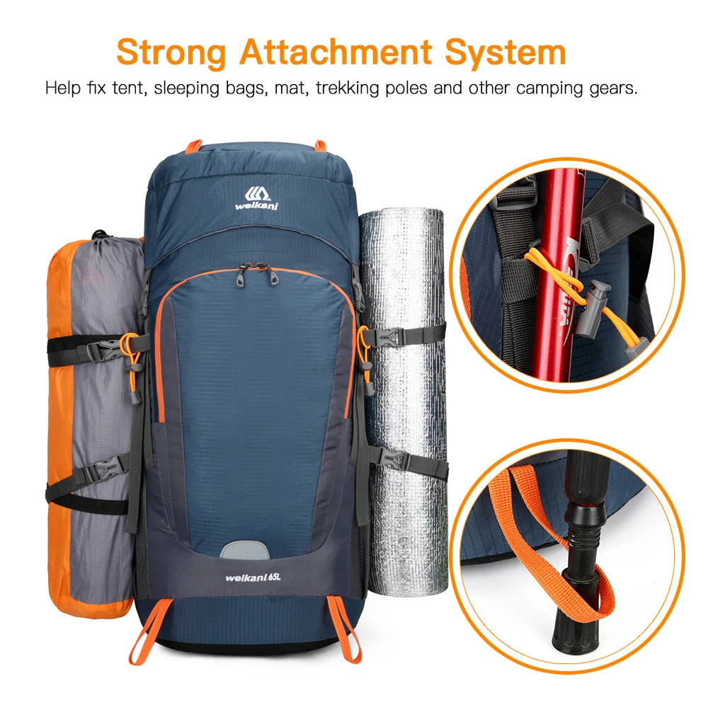 65L Water Resistant Hiking Backpack with Rain Cover