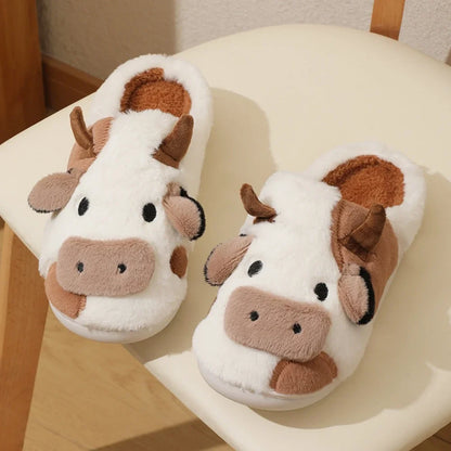Warm Cartoon Cow Plush Slippers for Men & Women Winter Home Shoes