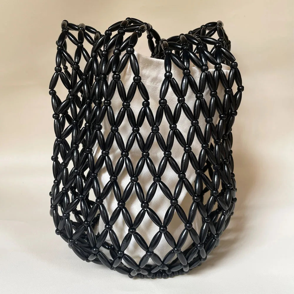 Women’s Woven Wooden Bead Bucket Tote Shoulder Bag Handmade Style