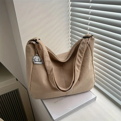 Women’s Corduroy Striped Tote Bag with Zipper Large Capacity Handbag