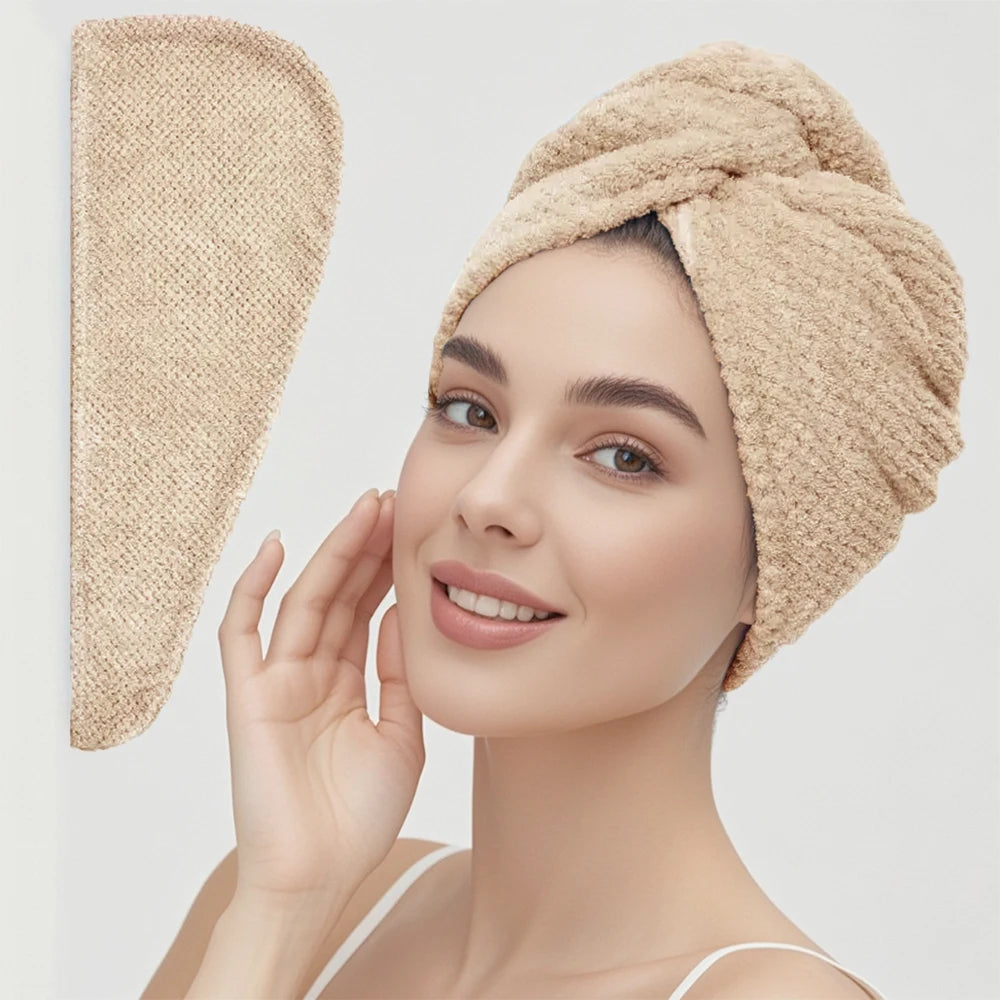 Absorbent Microfiber Hair Towel Wrap with Button for Women