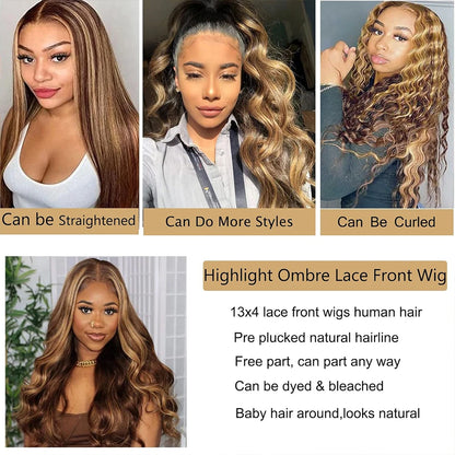 34 Inch Honey Blonde Ombre Body Wave 13x4 HD Lace Human Hair Wig 200% Density