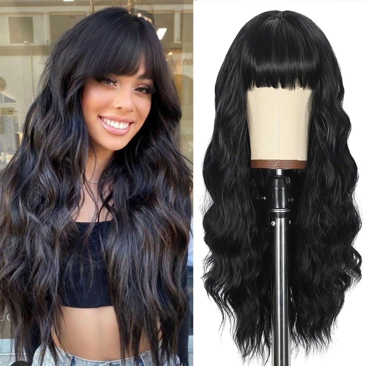 Women's Wine Red Long Curly Synthetic Wig with Bangs
