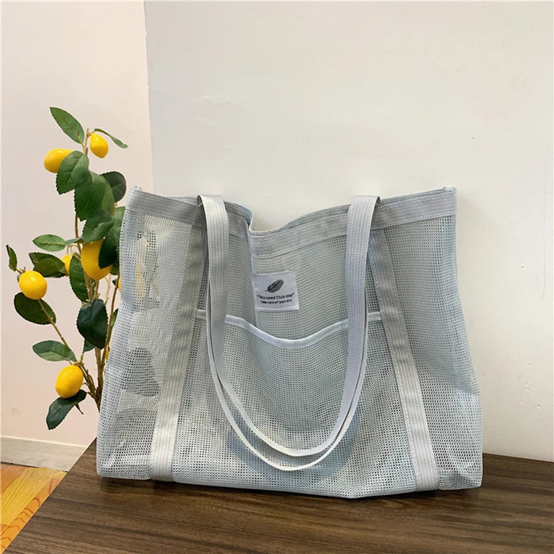 Women’s Transparent Mesh Shoulder Tote Bag for Shopping & Beach