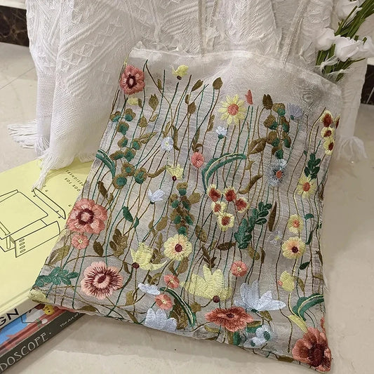 Embroidered Lace Flower Mesh Tote Bag for Women