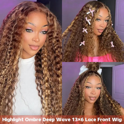 Women's 28 Inch Honey Blonde Highlight Deep Wave Human Hair Lace Front Wig