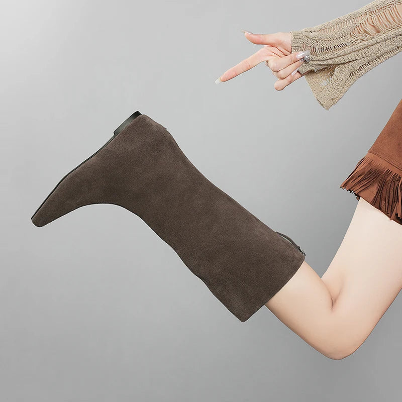 Women's Cow Suede Square Toe Knee High Western Boots