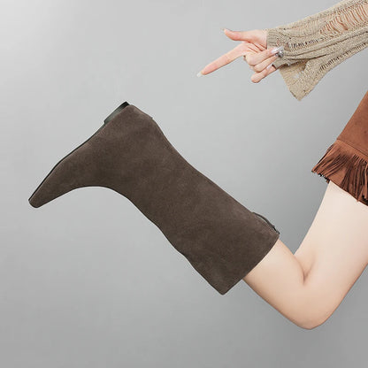 Women's Cow Suede Square Toe Knee High Western Boots