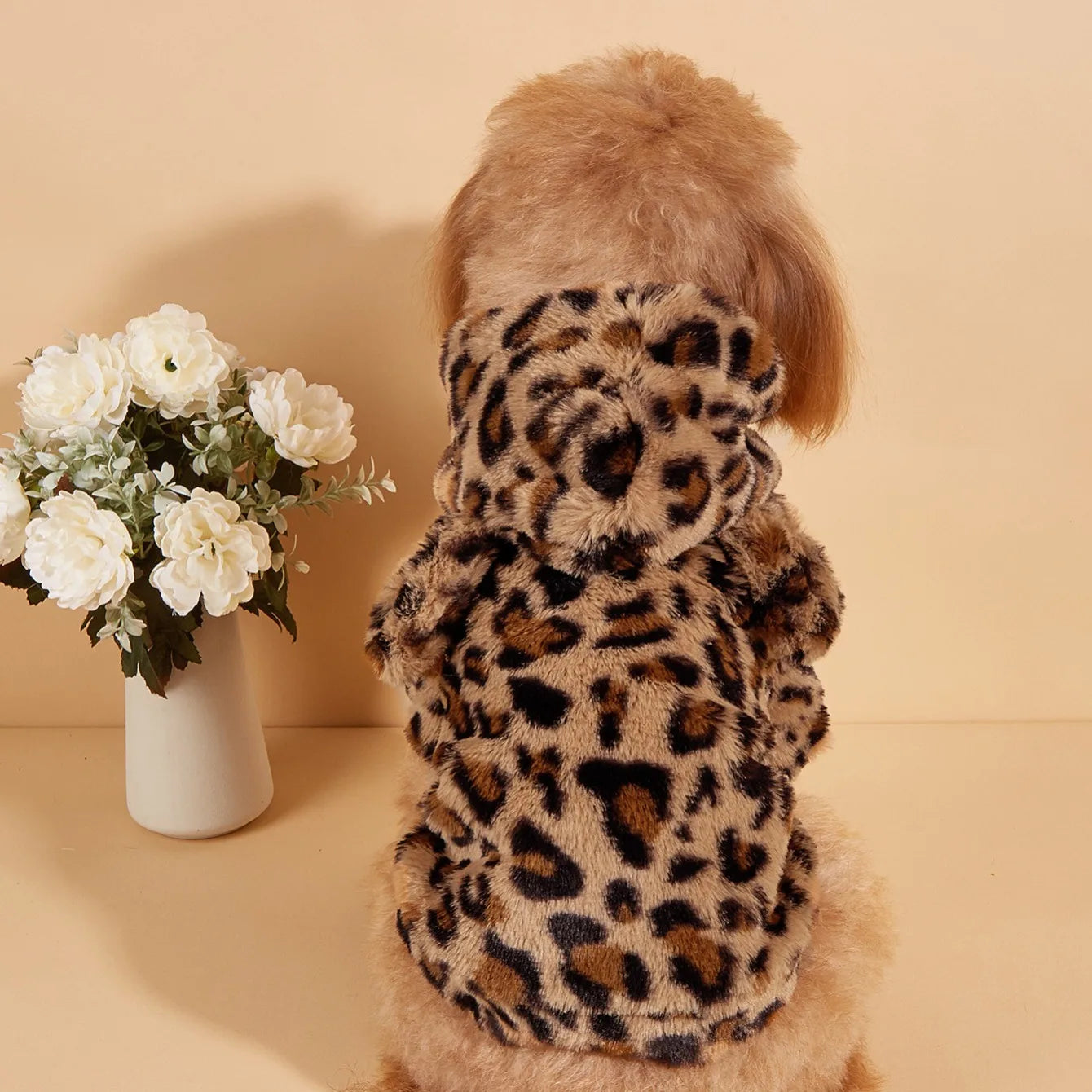 Leopard Plush Dog Hoodie with Ears for Small & Medium Dogs