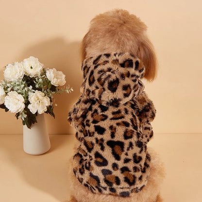 Leopard Plush Dog Hoodie with Ears for Small & Medium Dogs