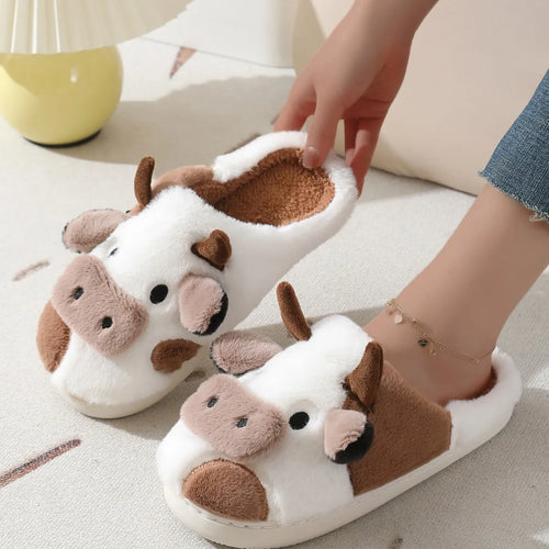 Unisex Cartoon Cow Warm Plush Indoor Slippers