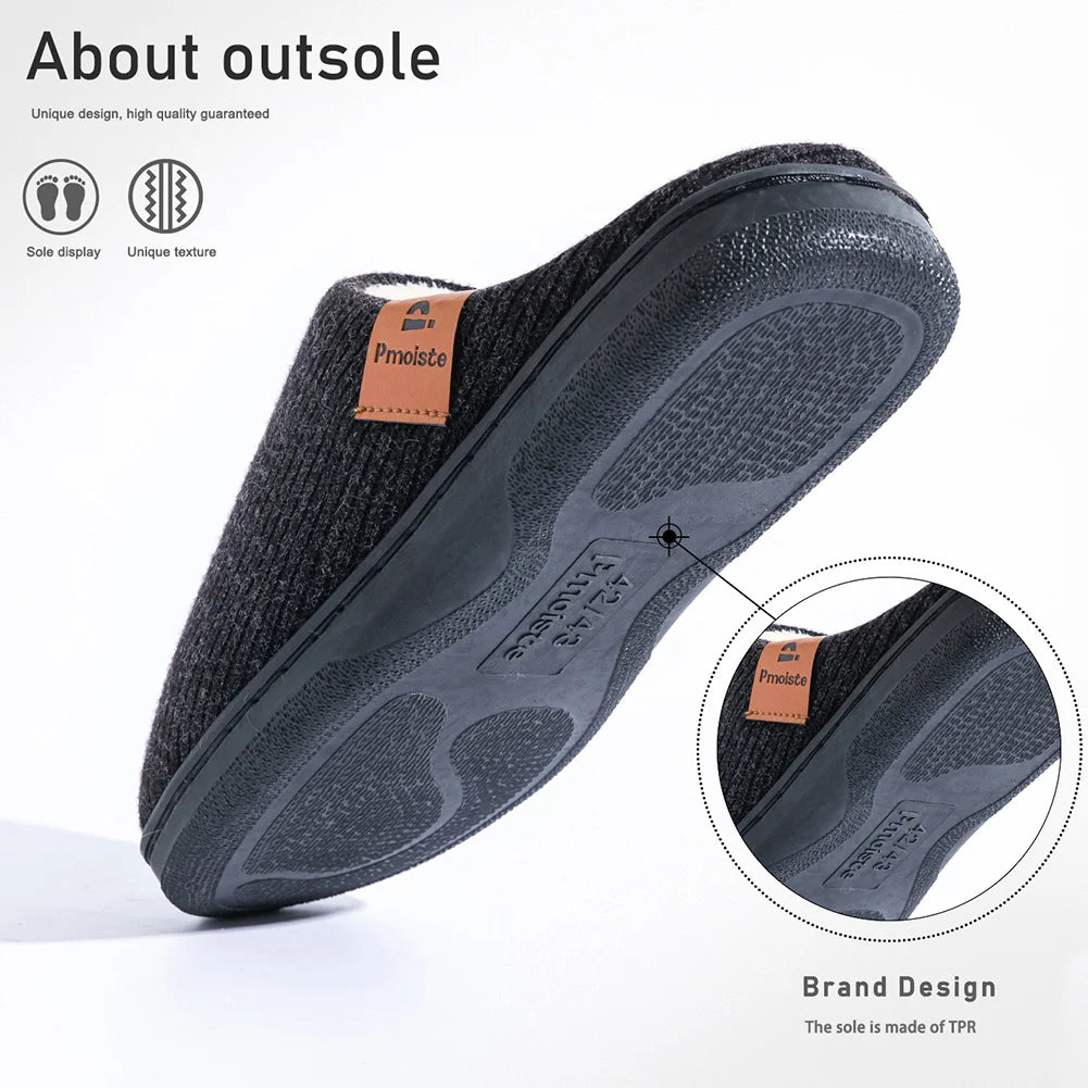 Men’s Winter Memory Foam Slippers Warm Knitted Indoor Shoes Non Slip TPR Sole