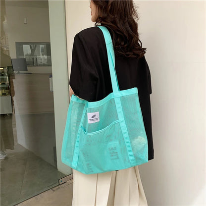 Women’s Transparent Mesh Shoulder Tote Bag for Shopping & Beach