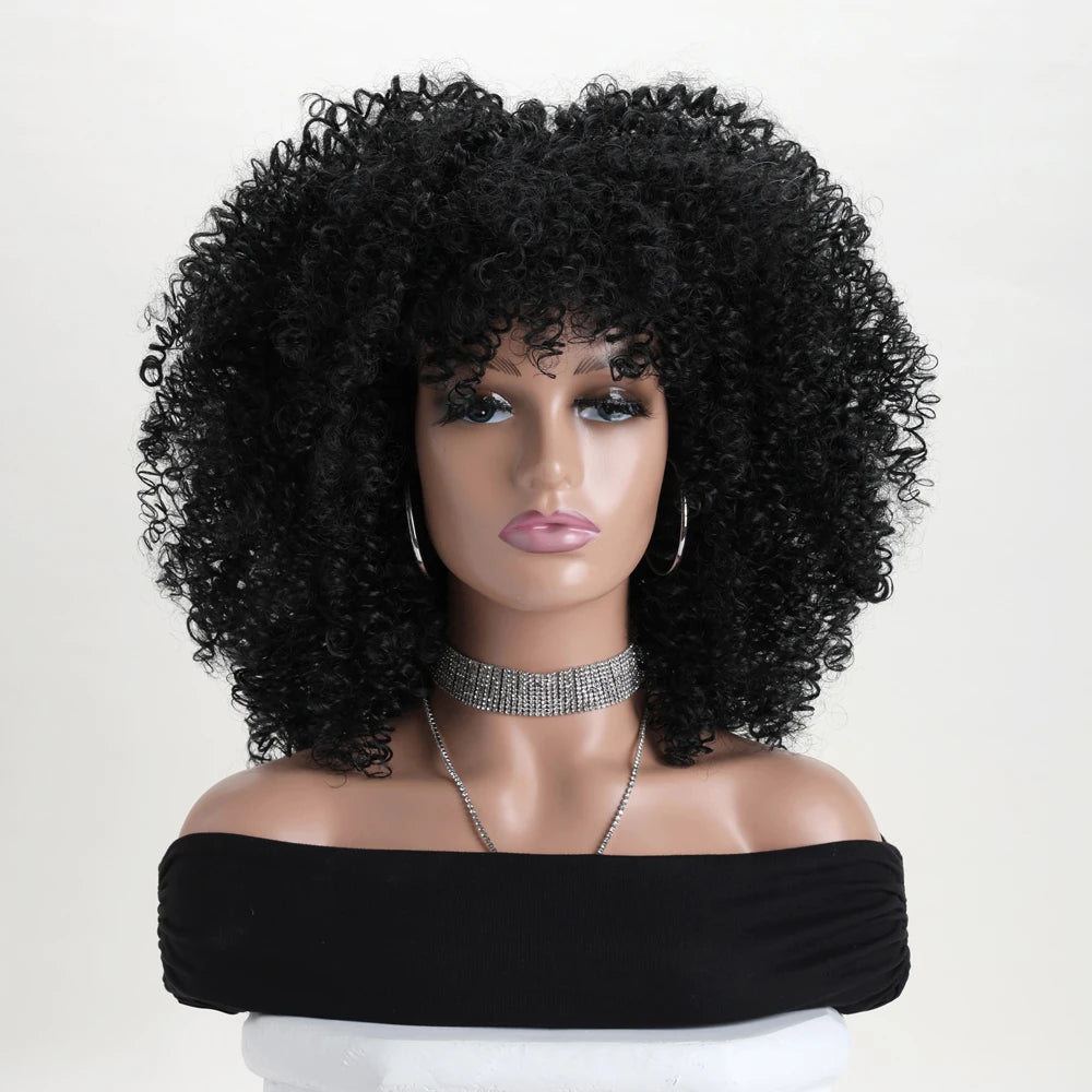 16 Inch Afro Kinky Curly Wig with Bangs for Women