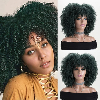 16 Inch Afro Kinky Curly Wig with Bangs for Women