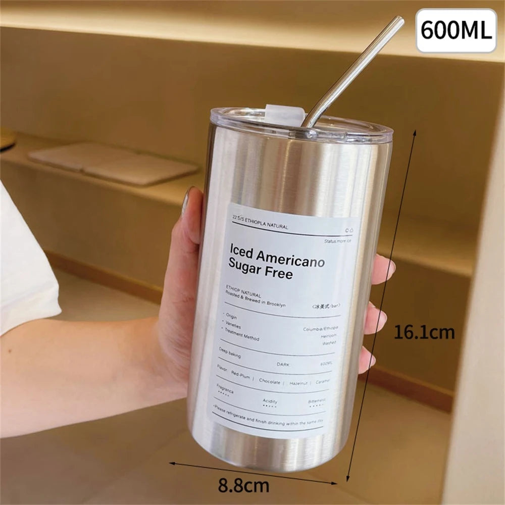 600ml BPA Free Stainless Steel Insulated Thermos with Straw