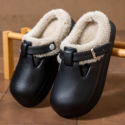 Women’s Waterproof Plush Mules with Metal Buckle Warm Winter Slippers