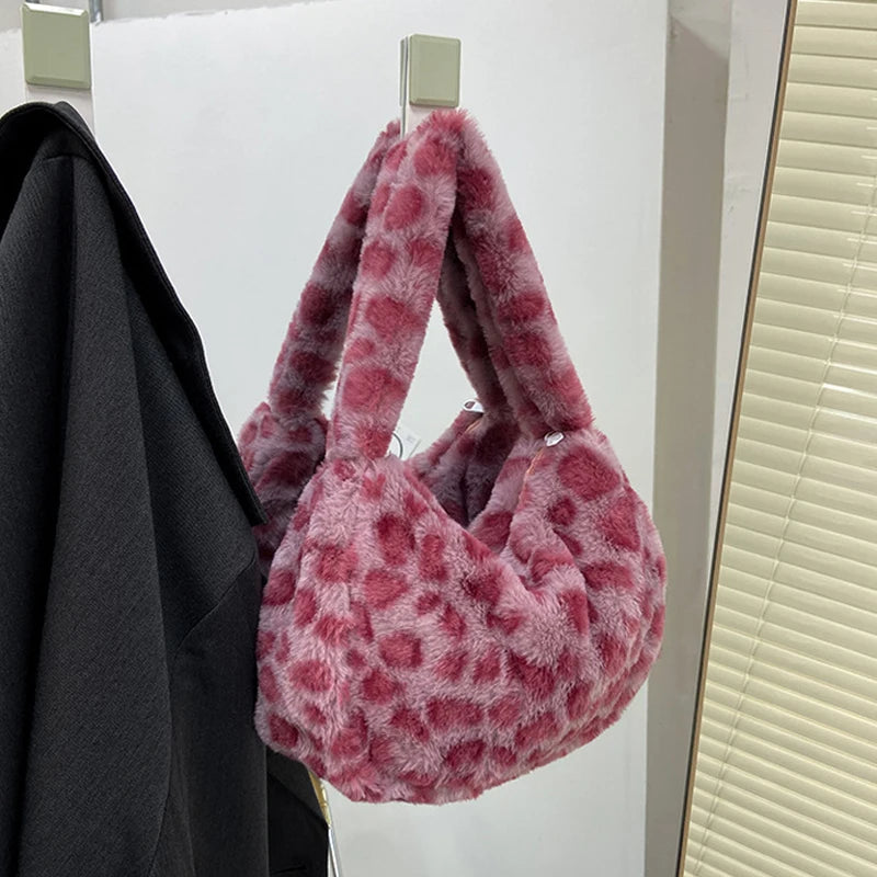 Leopard Print Plush Shoulder Tote Bag for Women Lipstick & Key Bag