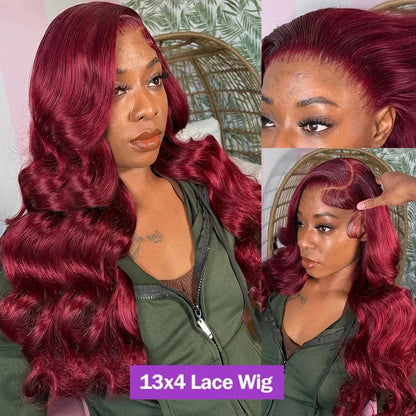Women's 30 Inch 99J Burgundy Body Wave Human Hair Lace Front Wig